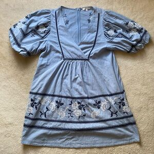 Madewell Embroidered Puff-Sleeve Babydoll Shift Dress V-Neck Blue Size 4 Boho